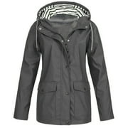 Womens Solid Rain Jacket Outdoor Plus Size Waterproof Hooded Raincoat Windproof